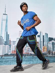 ROMWE MEN Street Life 男士字母圖案腰部抽繩長褲 - 黑色 - 查看 5