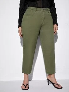 Plus High Waist Slant Pocket Mom Jeans - Army Green - View 4