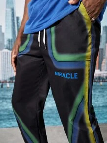 ROMWE MEN Street Life 男士字母圖案腰部抽繩長褲 - 黑色 - 查看 6