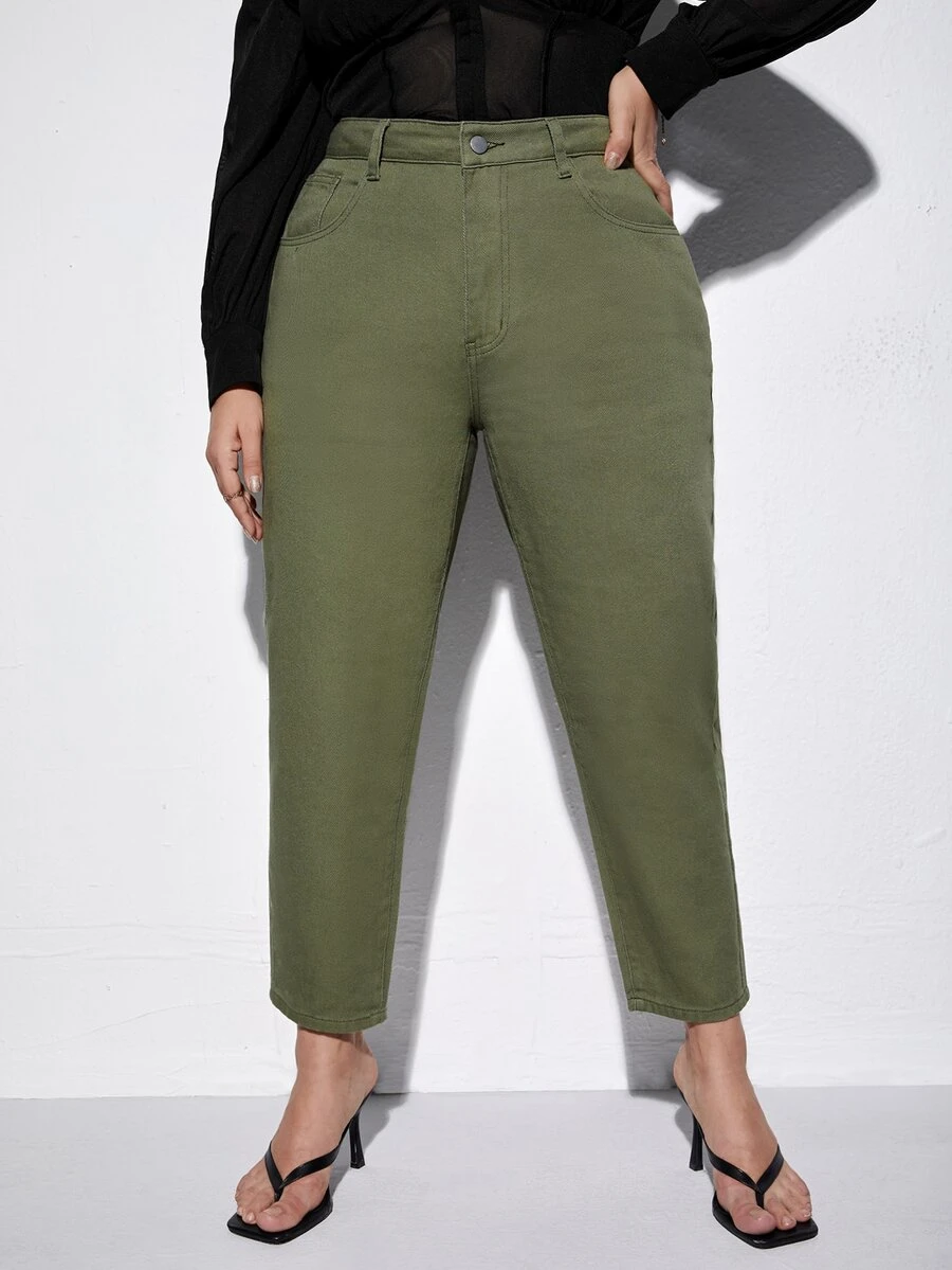 Plus High Waist Slant Pocket Mom Jeans - Army Green - View 1