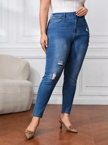 Jeans ajustados desgarro de talle alto - Azul lavado oscuro - Ver 1