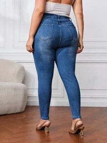 Jeans ajustados desgarro de talle alto - Azul lavado oscuro - Ver 2