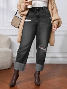 Jeans ajustados mom desgarro de talle alto - Negro - Ver 1