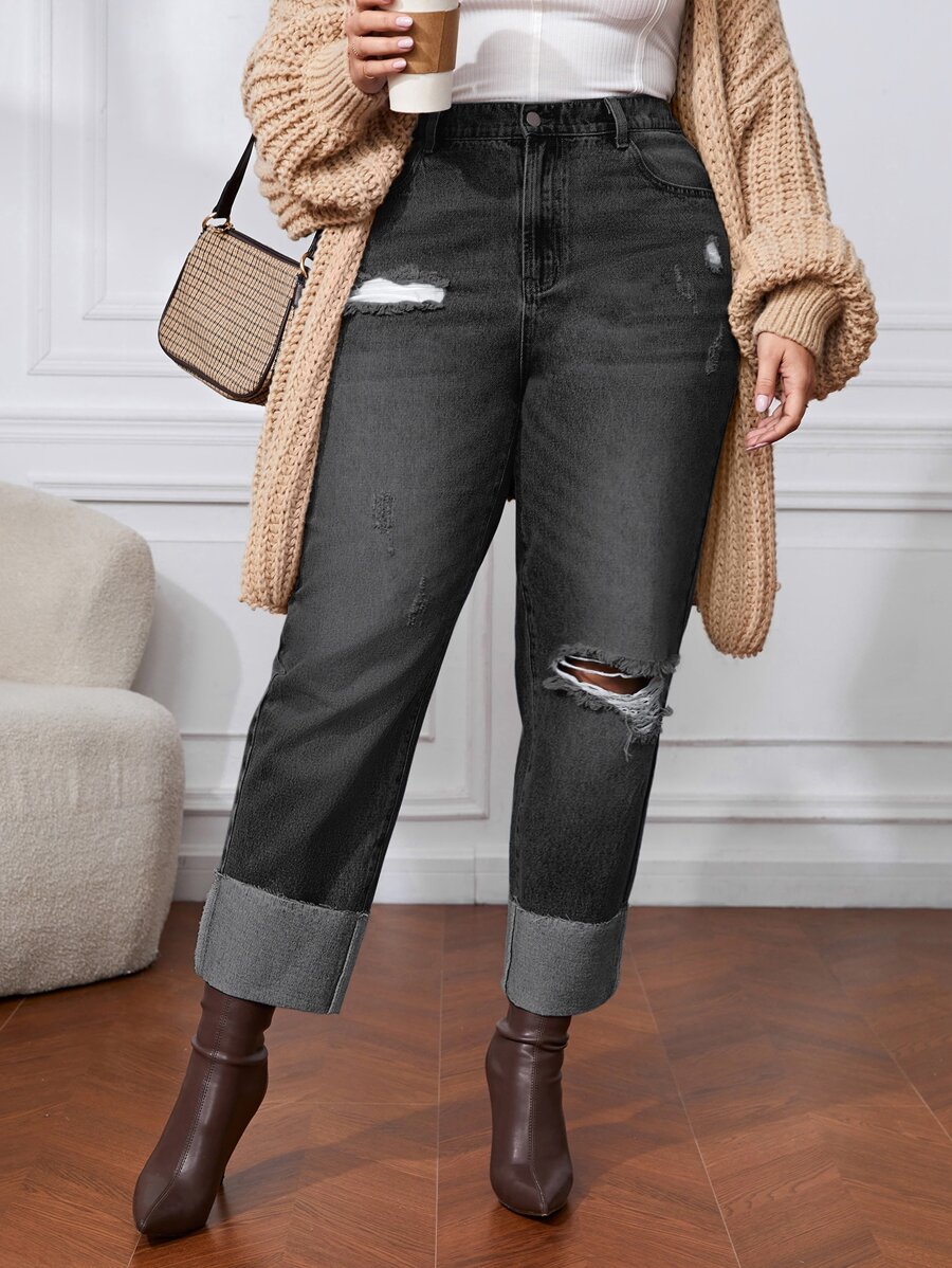 Jeans ajustados mom desgarro de talle alto - Negro - Ver 1