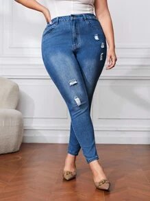 Jeans ajustados desgarro de talle alto - Azul lavado oscuro - Ver 4