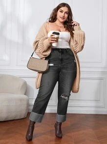 Jeans ajustados mom desgarro de talle alto - Negro - Ver 3