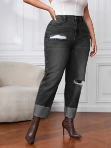 Jeans ajustados mom desgarro de talle alto - Negro - Ver 4