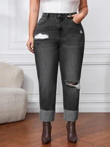 Jeans ajustados mom desgarro de talle alto - Negro - Ver 5
