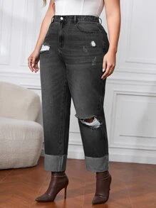 Jeans ajustados mom desgarro de talle alto - Negro - Ver 6