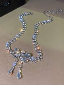 Rhinestone Bow Decor Choker - Silver - View 1