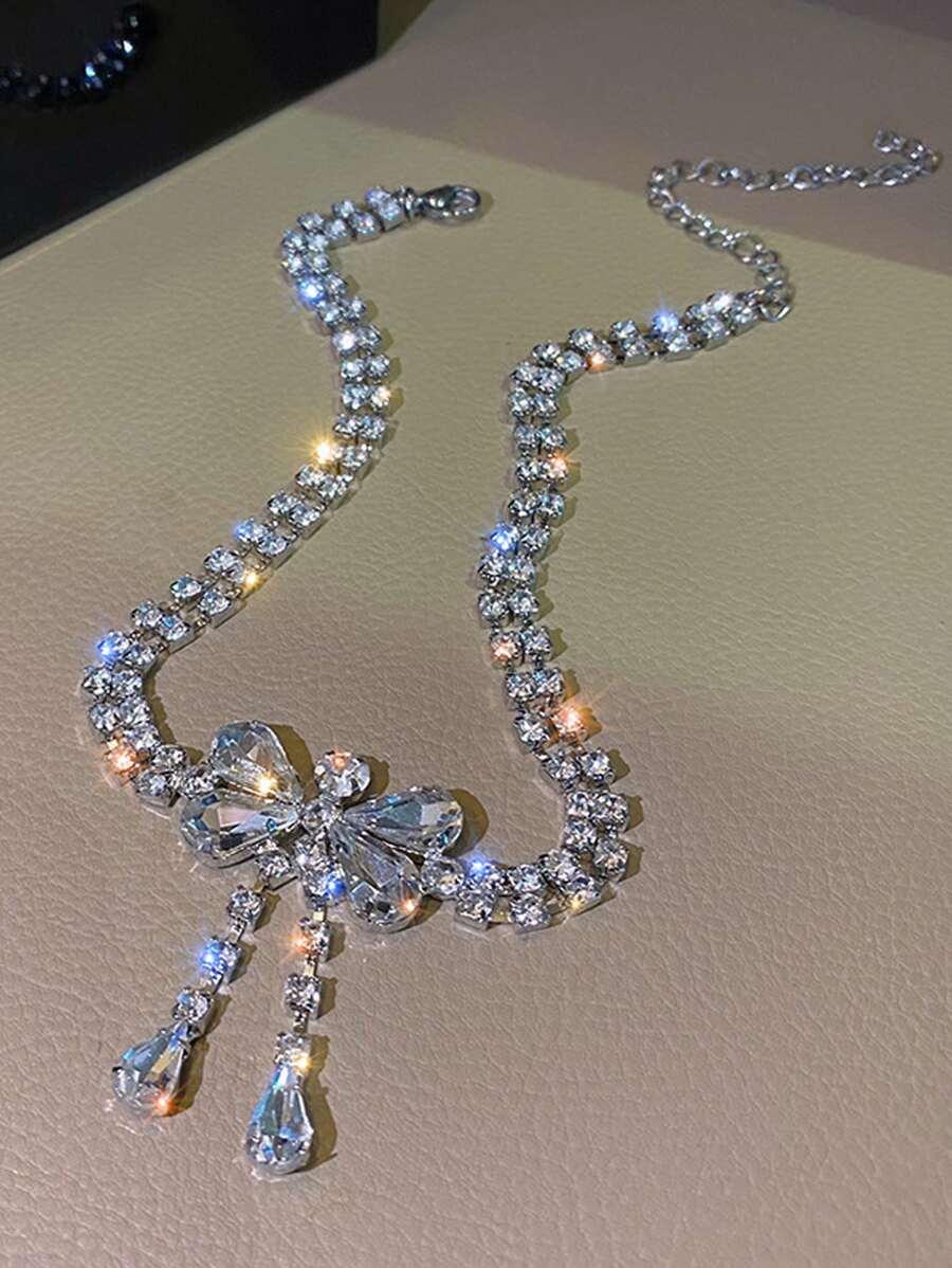 Rhinestone Bow Decor Choker - Silver - View 1