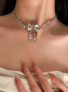 Rhinestone Bow Decor Choker - Silver - View 3