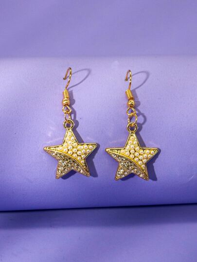 Rhinestone & Faux Pearl Decor Star Drop Earrings