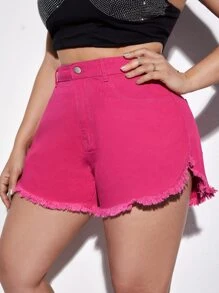 SHEIN BAE Quần short denim oversized Nút Túi Dây kéo Hem thô màu trơn - Màu Hồng Tươi - Xem 1