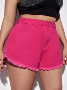 SHEIN BAE Quần short denim oversized Nút Túi Dây kéo Hem thô màu trơn - Màu Hồng Tươi - Xem 3