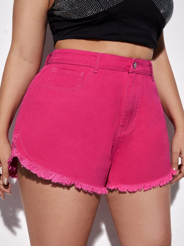 SHEIN BAE כפתור כיס רוכסן מכפלת פרומה פשוט מכנסי ג'ינס במידות גדולות - ורוד חם - ראה 3