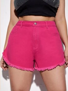 SHEIN BAE Quần short denim oversized Nút Túi Dây kéo Hem thô màu trơn - Màu Hồng Tươi - Xem 4