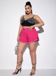 SHEIN BAE Quần short denim oversized Nút Túi Dây kéo Hem thô màu trơn - Màu Hồng Tươi - Xem 5
