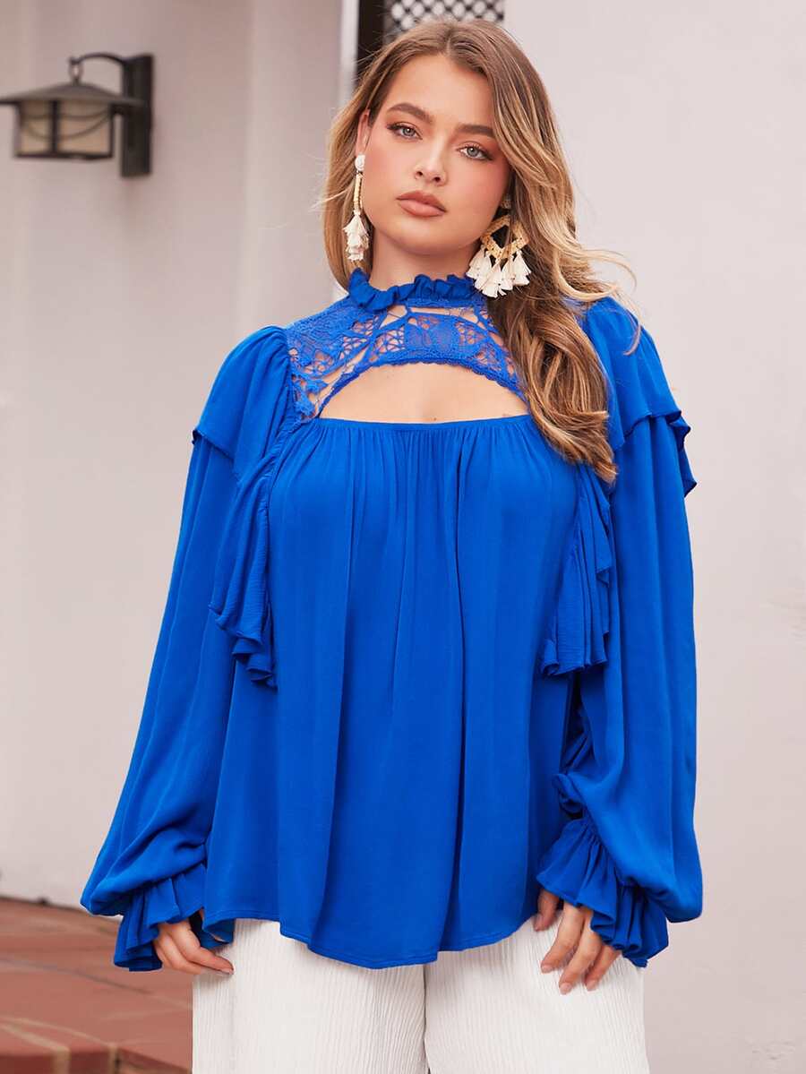 SHEIN VCAY Áo sơ mi Plus Size Tương phản ren viền lá sen Xù màu trơn Thanh lịch - Màu xanh lam - Xem 1
