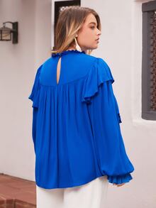 SHEIN VCAY Áo sơ mi Plus Size Tương phản ren viền lá sen Xù màu trơn Thanh lịch - Màu xanh lam - Xem 2