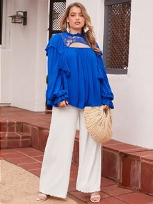 SHEIN VCAY Áo sơ mi Plus Size Tương phản ren viền lá sen Xù màu trơn Thanh lịch - Màu xanh lam - Xem 3