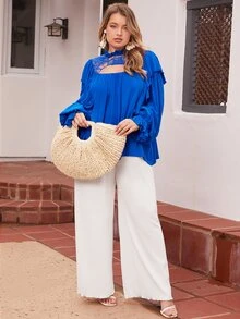 SHEIN VCAY Áo sơ mi Plus Size Tương phản ren viền lá sen Xù màu trơn Thanh lịch - Màu xanh lam - Xem 4