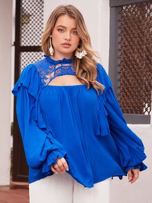 SHEIN VCAY Áo sơ mi Plus Size Tương phản ren viền lá sen Xù màu trơn Thanh lịch - Màu xanh lam - Xem 5