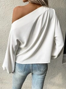 SHEIN Privé Solid Asymmetrical Neck Batwing Sleeve Blouse - White - View 2