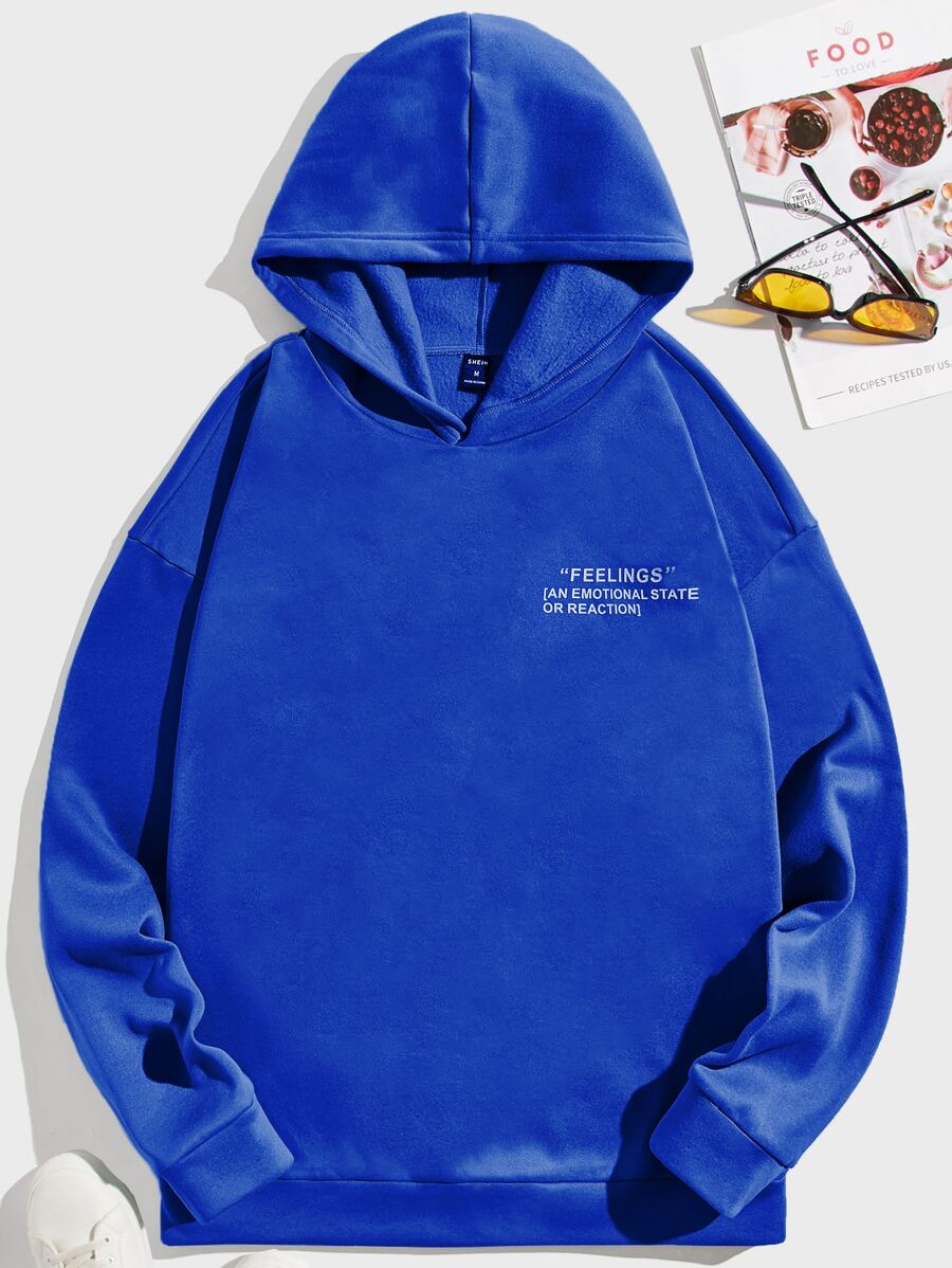 GENTILAND Men Slogan Graphic Drop Shoulder Thermal Hoodie - Blue - View 1