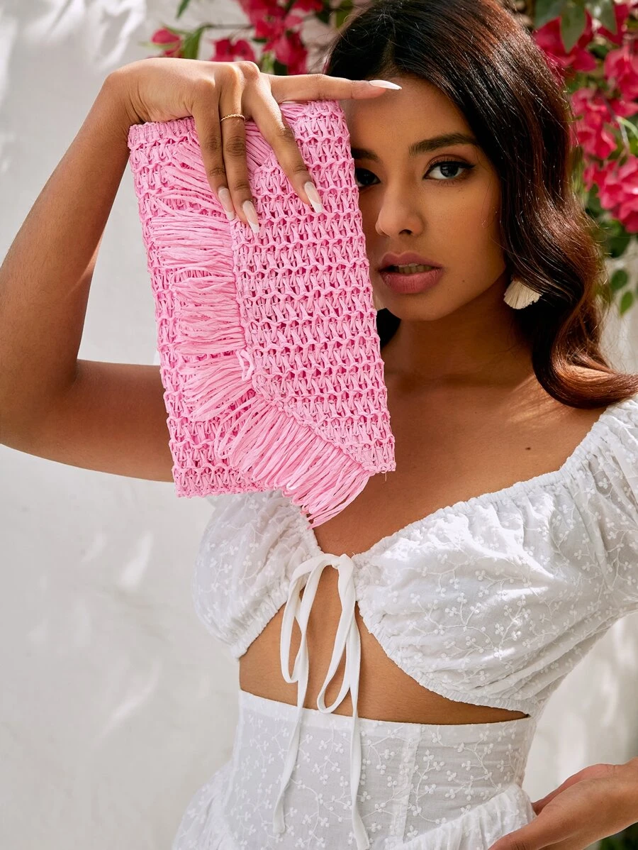 SHEIN VCAY Women's Vacation Fringe Design Boho Style Straw Clutch Bag - Pink - View 1
