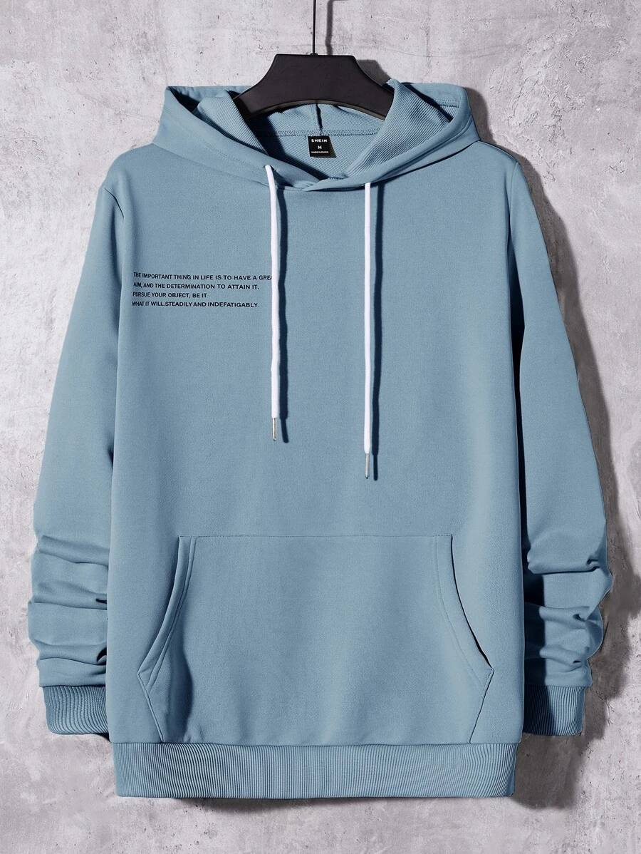 Manfinity RebelGame Men Slogan Graphic Kangaroo Pocket Drawstring Hoodie - Dusty Blue - View 1