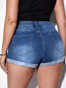 SHEIN Essnce Quần short denim oversized Túi Bị tách Dây kéo màu trơn - Rửa trung bình - Xem 2
