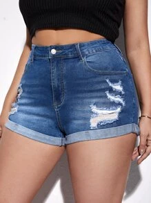 SHEIN Essnce Quần short denim oversized Túi Bị tách Dây kéo màu trơn - Rửa trung bình - Xem 4