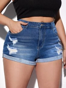 SHEIN Essnce Quần short denim oversized Túi Bị tách Dây kéo màu trơn - Rửa trung bình - Xem 5