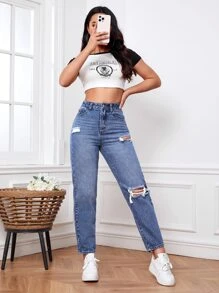 Jeans ajustados mom desgarro de talle alto - Azul lavado medio - Ver 3