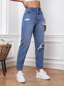 Jeans ajustados mom desgarro de talle alto - Azul lavado medio - Ver 4