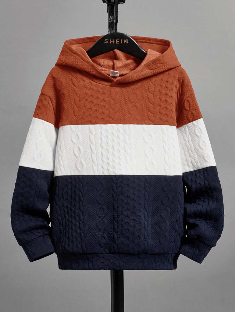 SHEIN 色塊下垂肩帽衫，長袖休閒上衣，適合青少年男孩，適用於秋季/冬季 - 彩色 - 查看 1