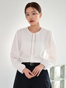 DAZY Solid Pleated Detail Button Front Blouse - White - View 3