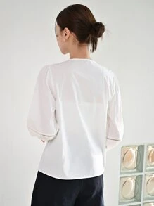 DAZY Solid Pleated Detail Button Front Blouse - White - View 2
