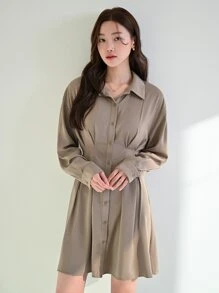 DAZY Fold Pleated Detail Button Front Shirt Dress - Khaki - View 3