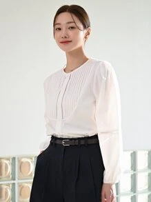 DAZY Solid Pleated Detail Button Front Blouse - White - View 4