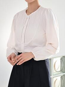 DAZY Solid Pleated Detail Button Front Blouse - White - View 5