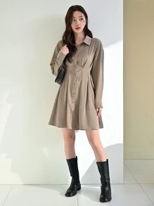 DAZY Fold Pleated Detail Button Front Shirt Dress - Khaki - View 5