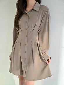 DAZY Fold Pleated Detail Button Front Shirt Dress - Khaki - View 7