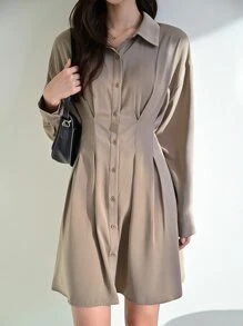 DAZY Fold Pleated Detail Button Front Shirt Dress - Khaki - View 8