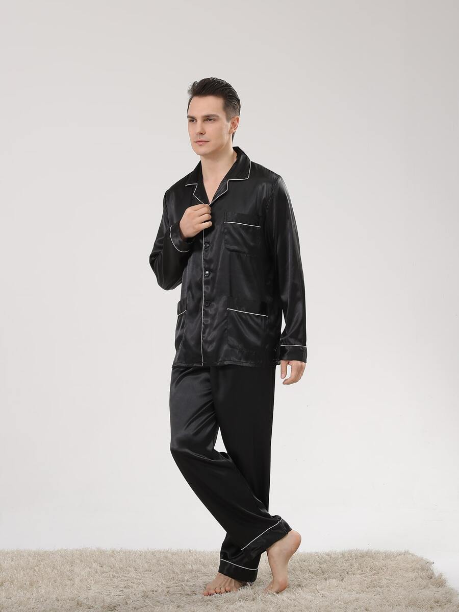 Men Contrast Piping Satin PJ Set - Black - View 1