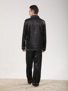 Men Contrast Piping Satin PJ Set - Black - View 2