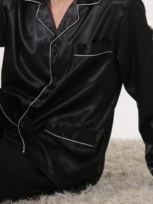 Men Contrast Piping Satin PJ Set - Black - View 3