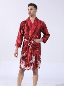 Hombres Bata de dormir con estampado de grulla con doble bolsillos con cinturón - Burdeos - Ver 1