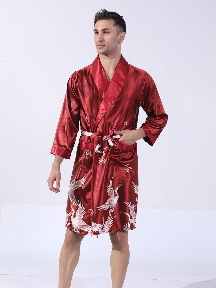Hombres Bata de dormir con estampado de grulla con doble bolsillos con cinturón - Burdeos - Ver 1
